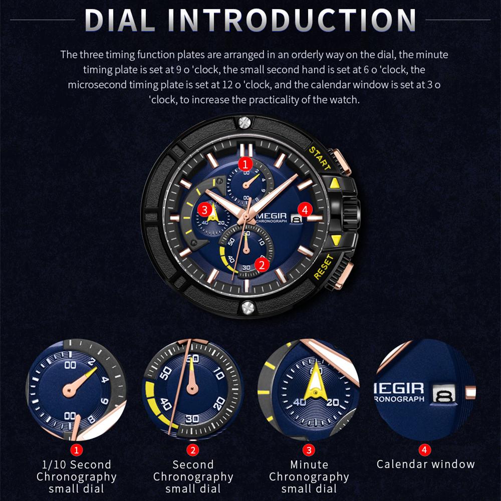 MEGIR Watches for Men Chronograph Fashion Sports Wristwatch Silicone Strap Waterproof Multi-functional Quartz Watch Clock 2095