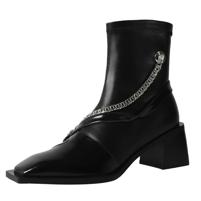 

Женская обувь 2024, модные женские ботинки на молнии, хит продаж, новые ботильоны с квадратным носком для офиса и карьеры, ботильоны на квадратном каблуке с цепочкой, Zapatos 35 чёрный