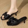 Fashion Bow Women Mid Heels Slippers Designer Heeled Sandals Woman Shoes 2025 Summer Dress Stilettos Pumps Fad Brand Sandalias De Mujer