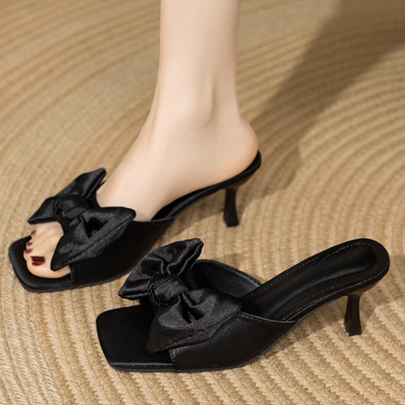 Fashion Bow Women Mid Heels Slippers Designer Heeled Sandals Woman Shoes 2025 Summer Dress Stilettos Pumps Fad Brand Sandalias De Mujer