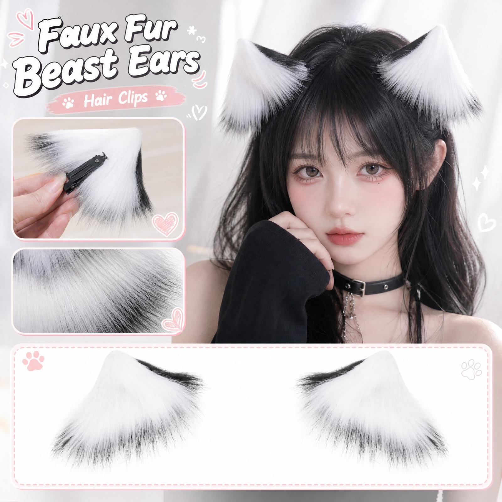 Halloween Plush Animal Ear Hair Clips Set of 2 Faux Ear Hair for Costume Party One Size