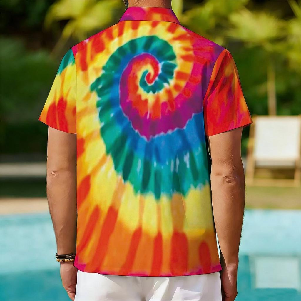 Women Short Sleeve Shirt Pink Blue Spiral Tie Dye Glitter Star Print Lapel Button Up Top
