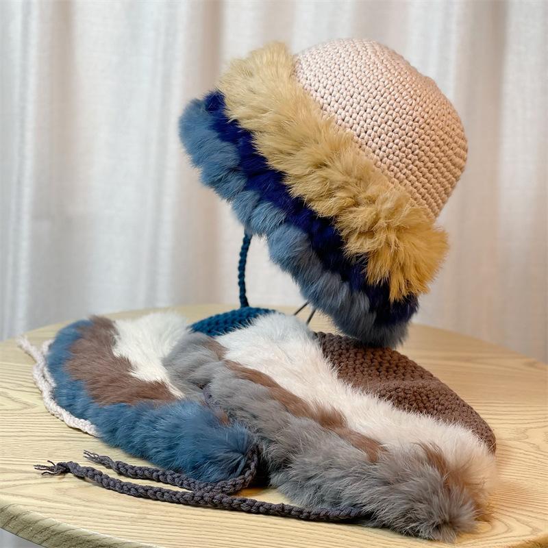 Women's Hand-Knitted Colorful Plush Rabbit Fur Bucket Hat Warm Winter Beanie with Multi-Color Autumn & Winter Fashion Accessory, Comfortable Knit Hat
