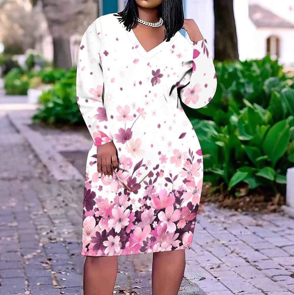 Women Plus Size Dark Green V Neck Long Sleeve Sunflower Printed Fitted Straight Dress
