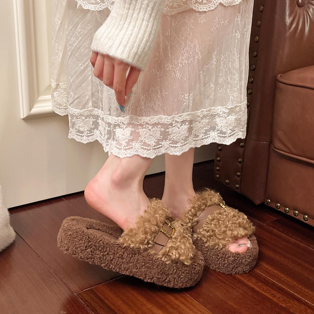 Teddy Curly Hair~ Hong Kong Style Versatile One-Word Cotton Slippers Women's Fashion Outer Wear Platform 2025 Mao Mao Shoes Women's Mao Slippers