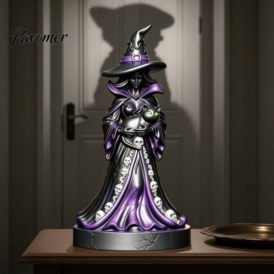 Resin Witch Sculpture for Shelf Display Halloween Figurine, Gothic with Black Cat Ornament, Dark Detailed Ornament Fantasy Tabletop Statue Home