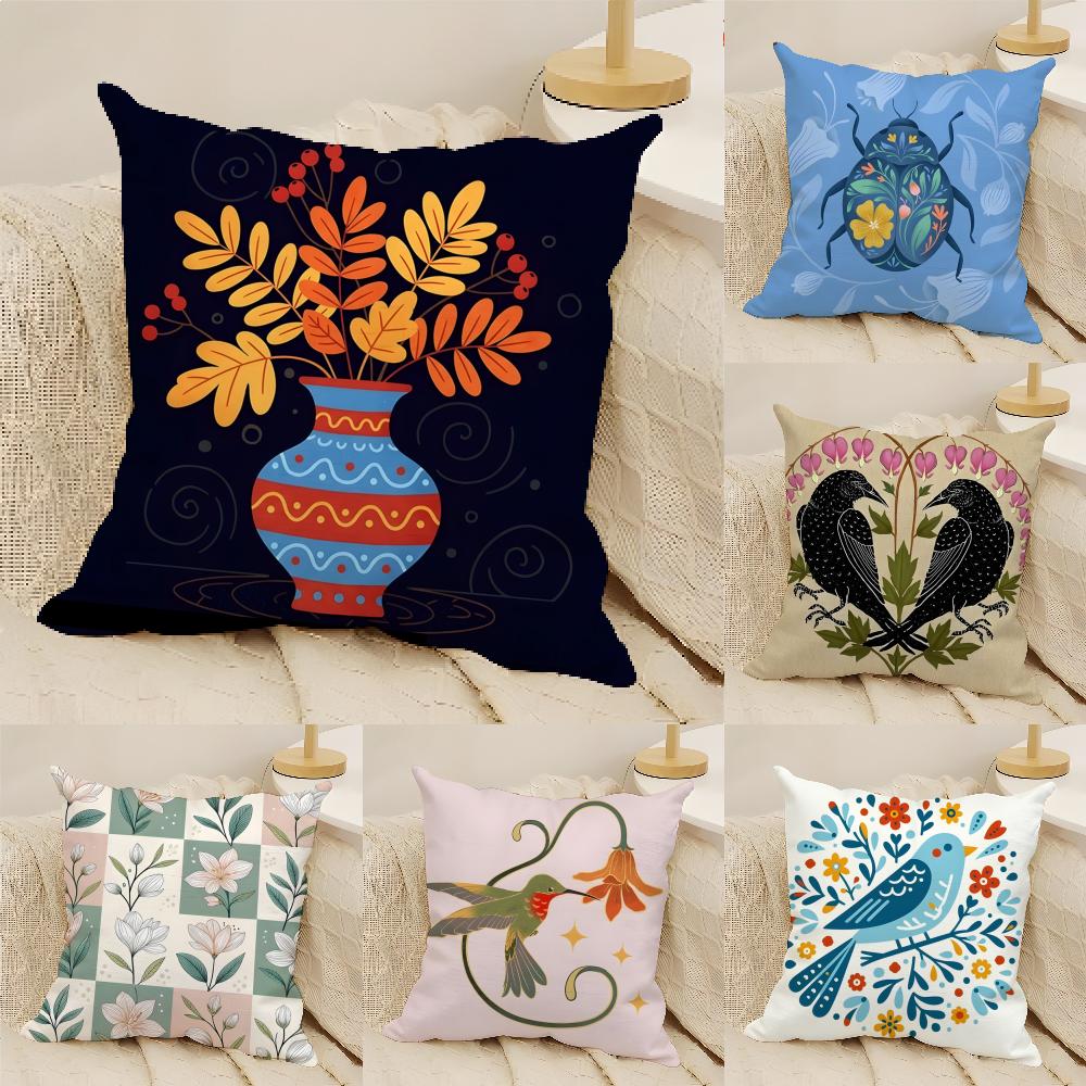 Butterfly, Bird And Flower Print Pillow Case Home Living Room Decoration Linen Pillowcover Pillow Cases Cushion Cover
