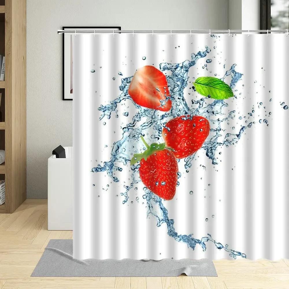 Tropical Summer Fruits Printed Shower Curtain, 3D, Cherry, Orange, Strawberry, Pear, Bathroom Decor, Curtains with Hooks