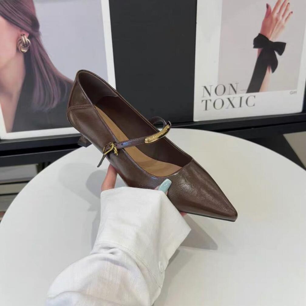 2026 French Vintage Pointed Mary Jane Shoes for Women Spring Workwear High Heels Woman Stiletto Heels Office Leather Shoes