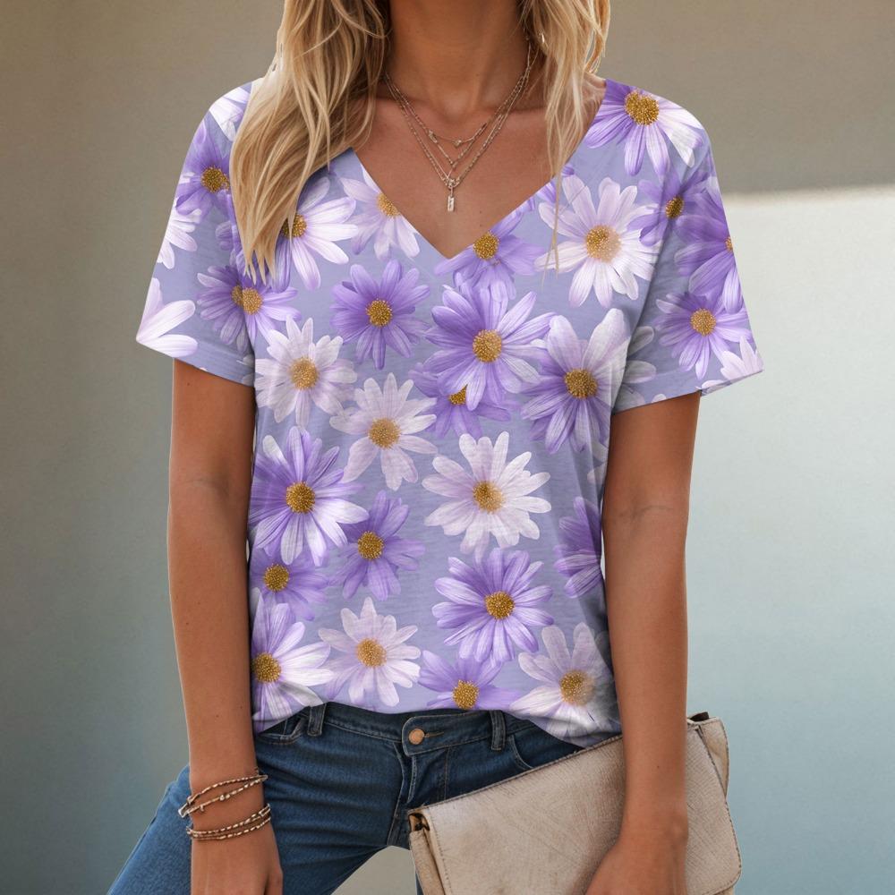 T-shirt estiva casual e alla moda con scollo a V, maniche corte e fantasia per donna. Stile ampio e casual, adatto da indossare per le signore.