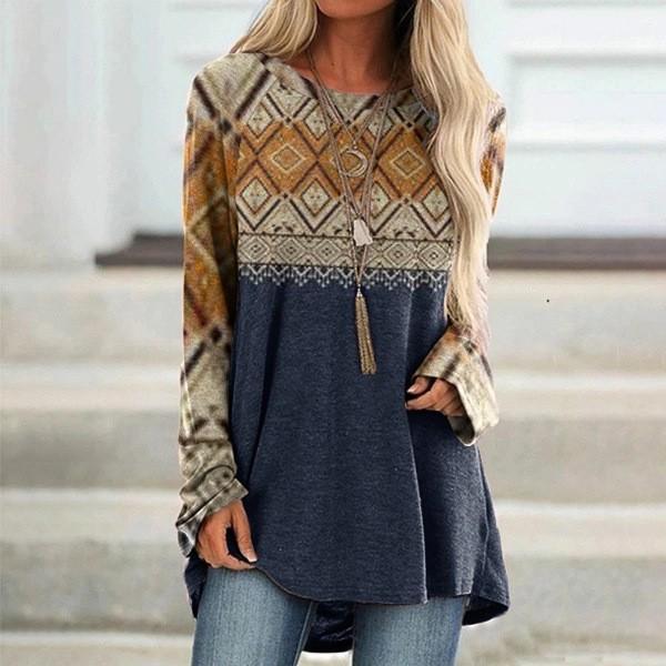 Round Neck 3D Printed Top Fashionable Casual Retro Long Sleeved Women's T-shirts