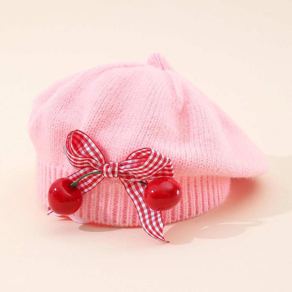 Charming Woolen Beret with Bow & Cherry for Kids - Autumn & Winter Solid Color Hat