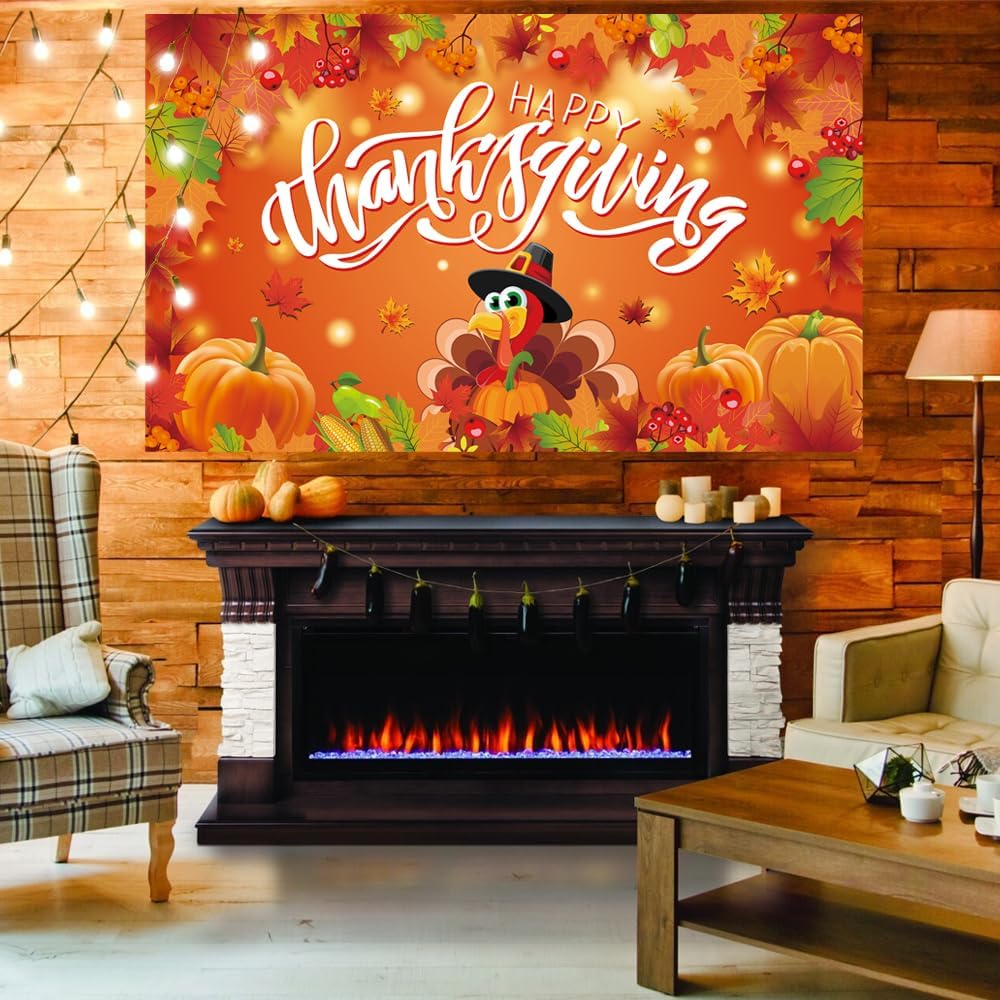 Thanksgiving Backdrop, Large Happy Thanksgiving Banner 72x44 Inch Turkey Maple Leaf Pumpkin Decorations Gifts for Indoor Home Photography Party