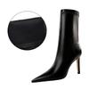 Women 9.5cm High Heels Leather Boots Lady Low Heels Short Ankle Boots Stripper Winter Warm Snow Plush Pointed Toe Shoes