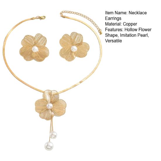 2Pcs/Set Women Necklace Earrings Set Hollow Flower Shape Imitation Pearl Decor Stud Earrings Adjustable