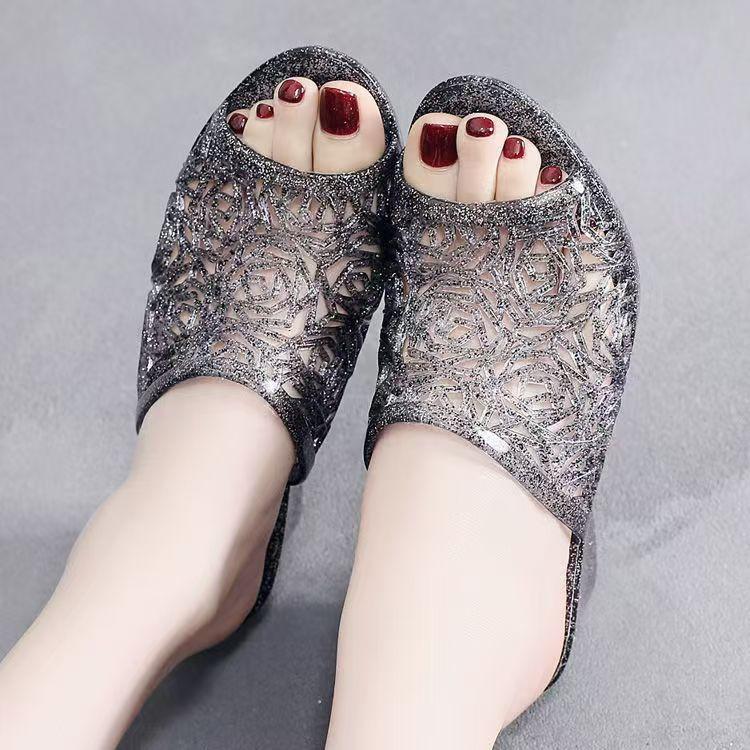 Women's Summer Transparent Crystal Wedges Slippers Soft Sole Non slip Hollow Out Waterproof Peep Toe Slippers Outdoor Slippers