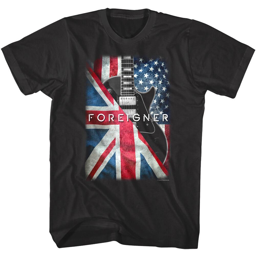 

Foreigner British American Guitar Men s T Shirt UK USA Flags Rock Band Concert S