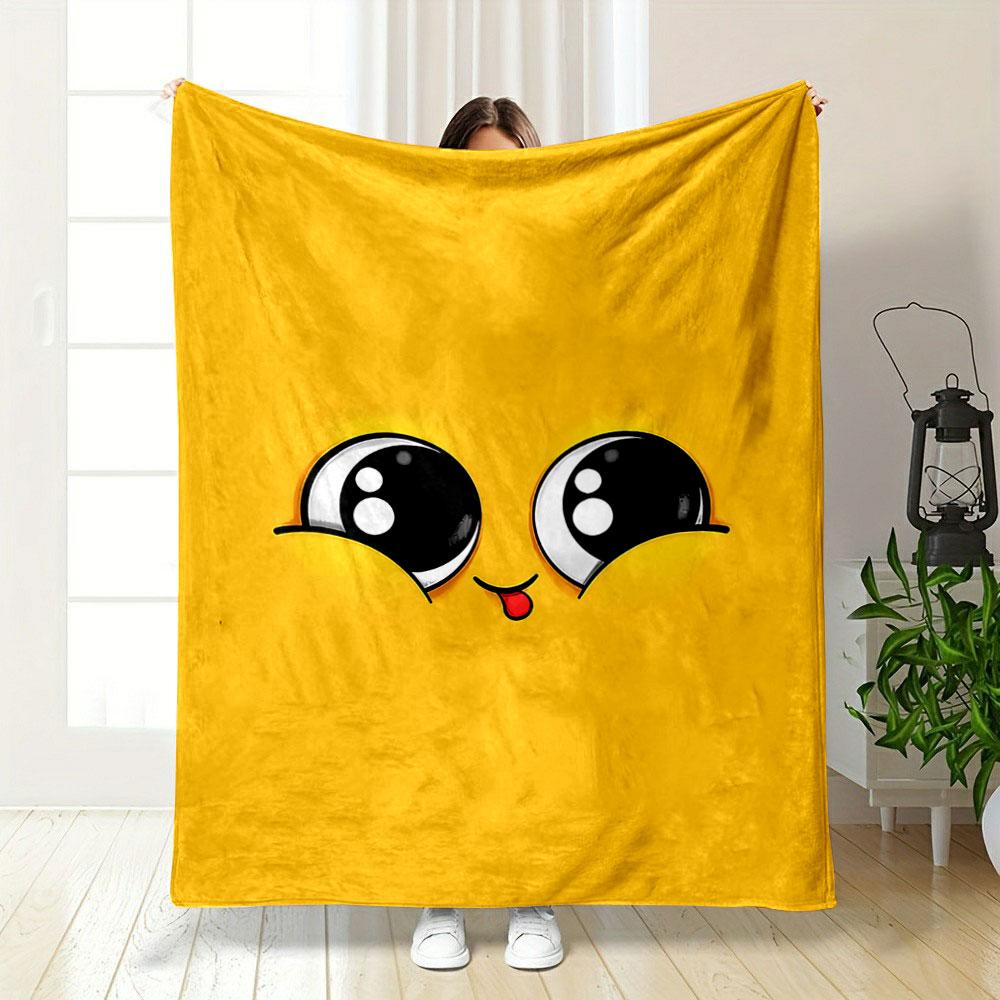 Cute cartoon eyes and tongue on a bright yellow background. for all seasons blanket lunch break throw gift