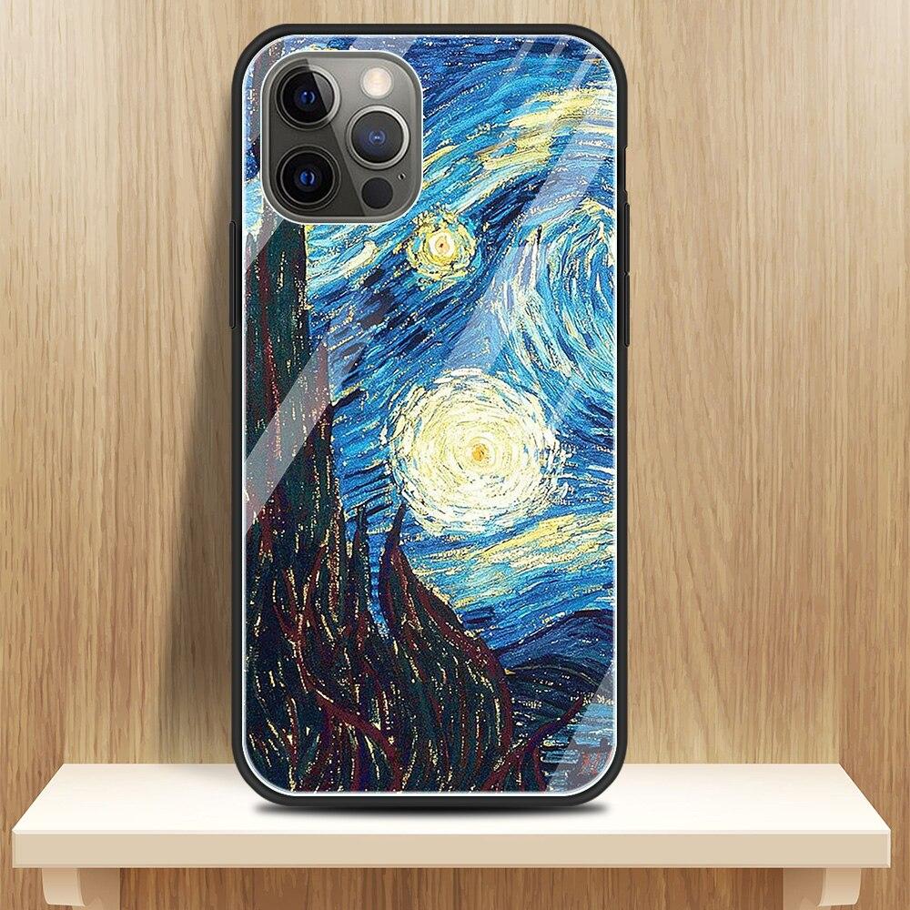 Glass Cover For iPhone 14 13 12 11 Pro X XS Max XR 8 7 6 6S Plus Case Protective Capa Fundas Van Gogh Paintings Starry Night