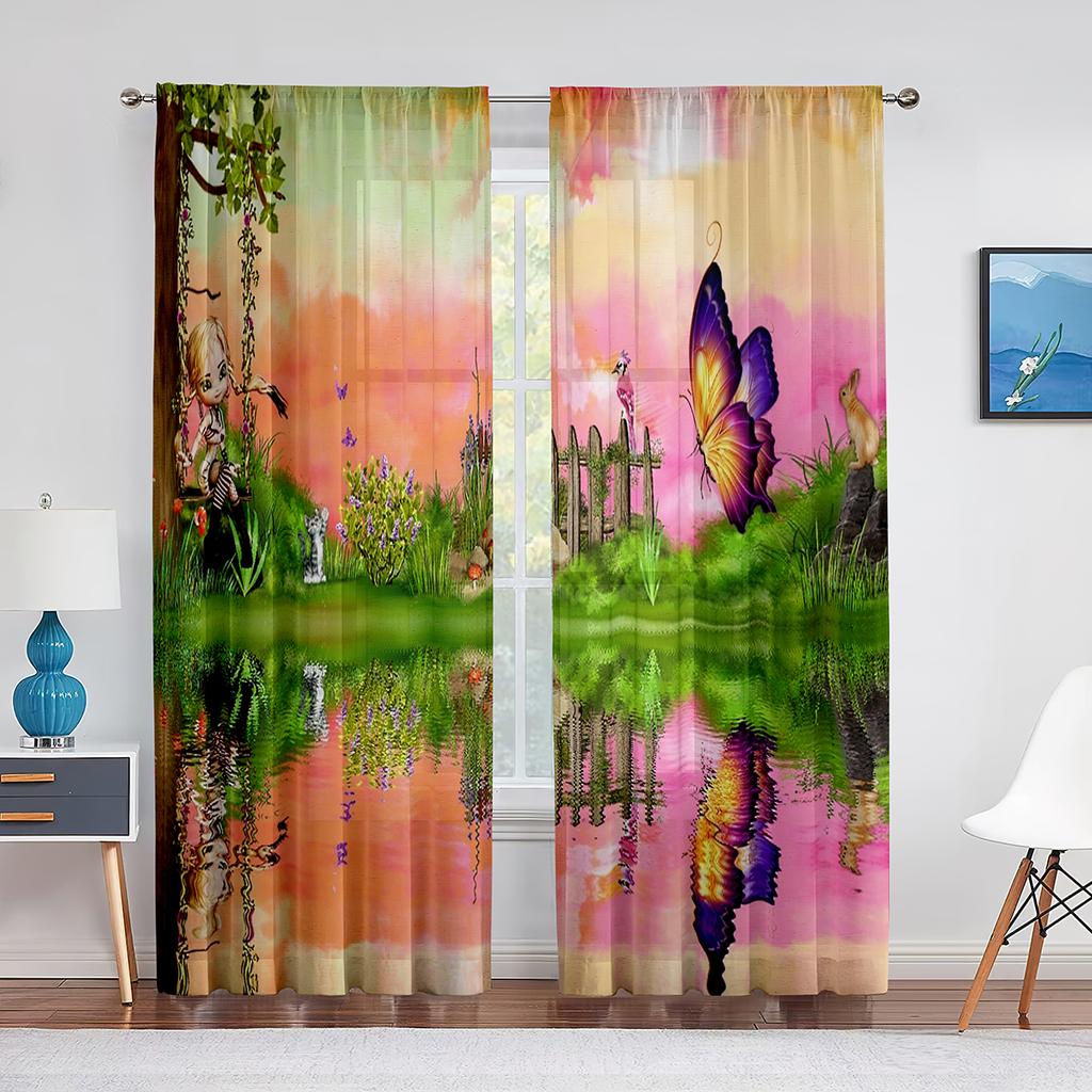 Fantazyjny Czarodziejski Zielony Las Przezroczysty Woalowy Zasłona Grzybowo-Kwiatowy Tiulowe Zasłony Okienne do Dekoracji Salonu Sypialni Kuchni