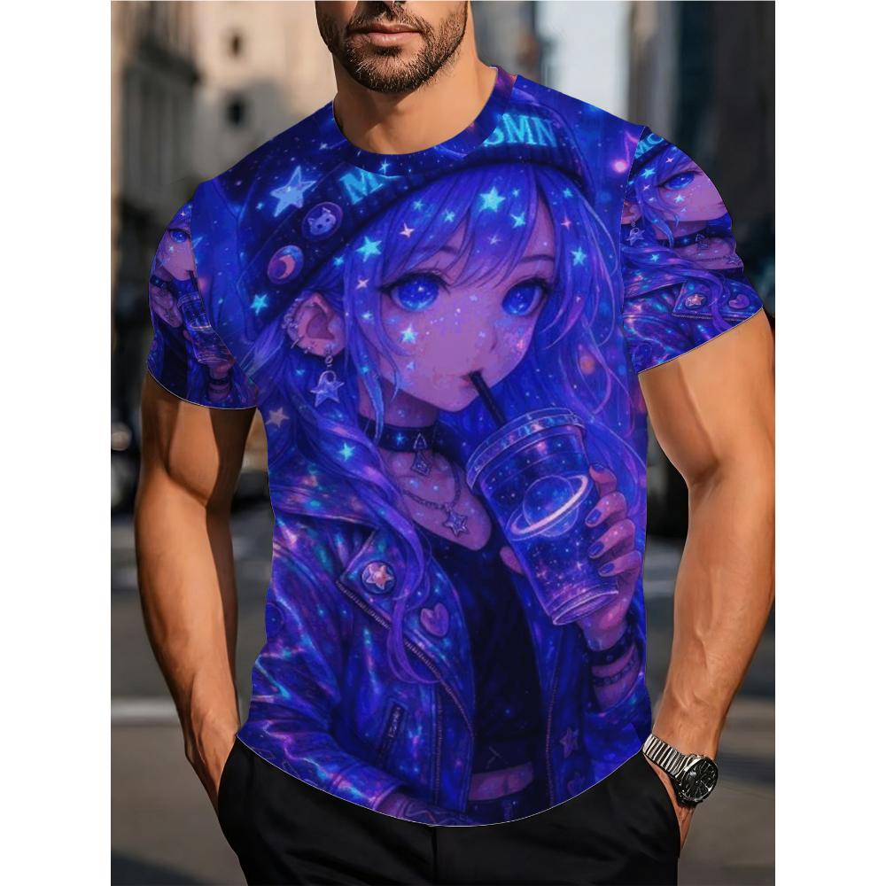 Cyberpunk style anime girl T-shirt, colorful purple hair, cool and sassy girl pattern top, trendy and cool personality, street style short sleeves XS античный пурпурный