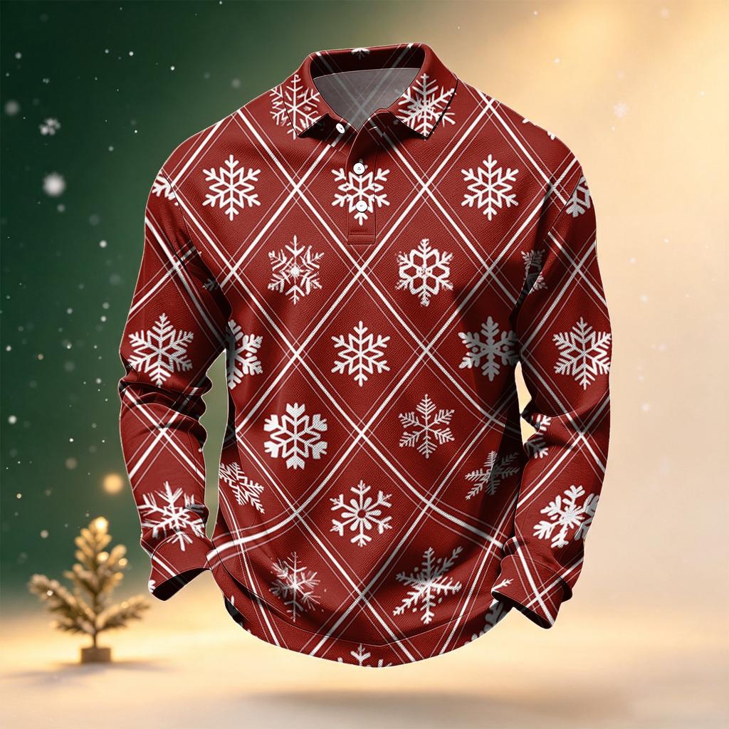 Men's Golf Shirt Long Sleeve Casual Christmas Print Quick-Dry Mesh Top