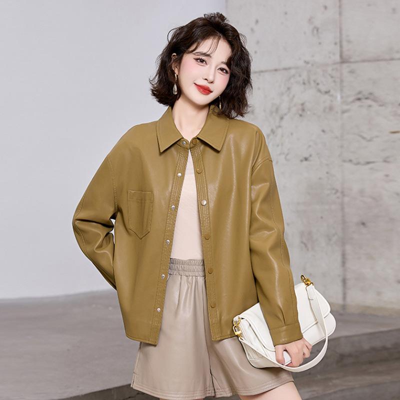 Spring and Autumn New Leather Jacket Women's Fashion Casual Loose and Thin Single-breasted Leather Jacket Trendy