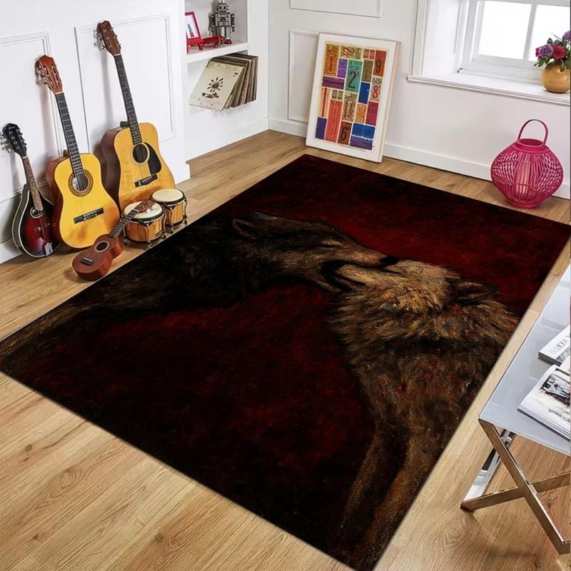 Gothic Dark Rope Heart Two Wolves Area Rug Dark Living Room Carpet Non Slip Floormat for Hallway Entryway Washable Retro Style