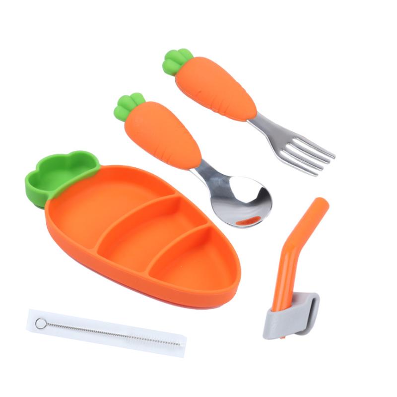 With Silicone 5pcs Children Plate Fork Spoon Cartoon Carrot Grid Baby Dishes Nonslip Antifall Kids Plate Baby Feeding Stuff
