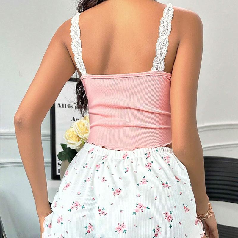Summer Pink Flower Print Pajamas Set for Women Homewear Sexy Lace Splicing Sling Crop Tops and Shorts 2 Pieces Suit Short Pijamas Sleepwear Loungewear