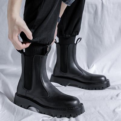 Fashion Men's British Style Leather Short Ankle Chelsea Boot Mens Trendy Chunky Boots Fashion Thick Sole Heightened Shoes for Men