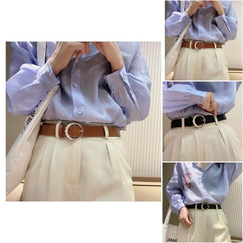 Vintage Black Fashionable Pearl Buckle Belt For Women Chic Denim Accessory Outfit