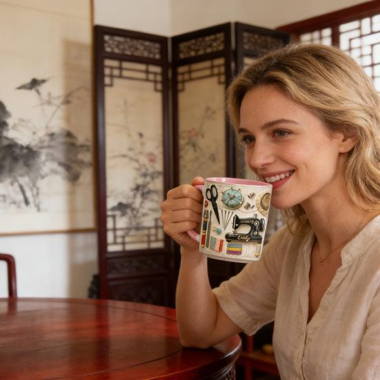 Spersonalizowany Kubek do Szycia Kubek Kawowy ze Szwami z Wzorem Maszyny do Szycia dla Kobiet Krawcowych Pikujących Rękodzielników Kreatywny Prezent dla Mamy Babci Święto