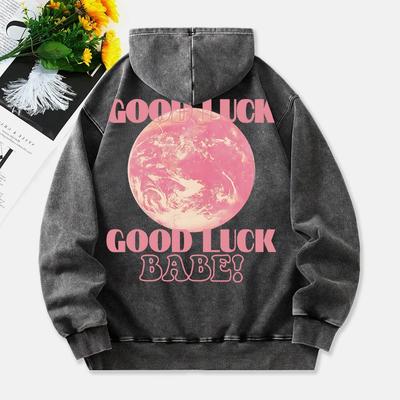 Good Lucky Babe Gewaschene Hoodies Damen Pink Planet Bedruckt Baumwolle Kapuze Warm Tasche Übergroß Winter Damen