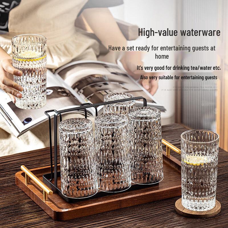 Naijiang Embossed Glass Coffee Juice Cup Set with Iron Holder and Pot
