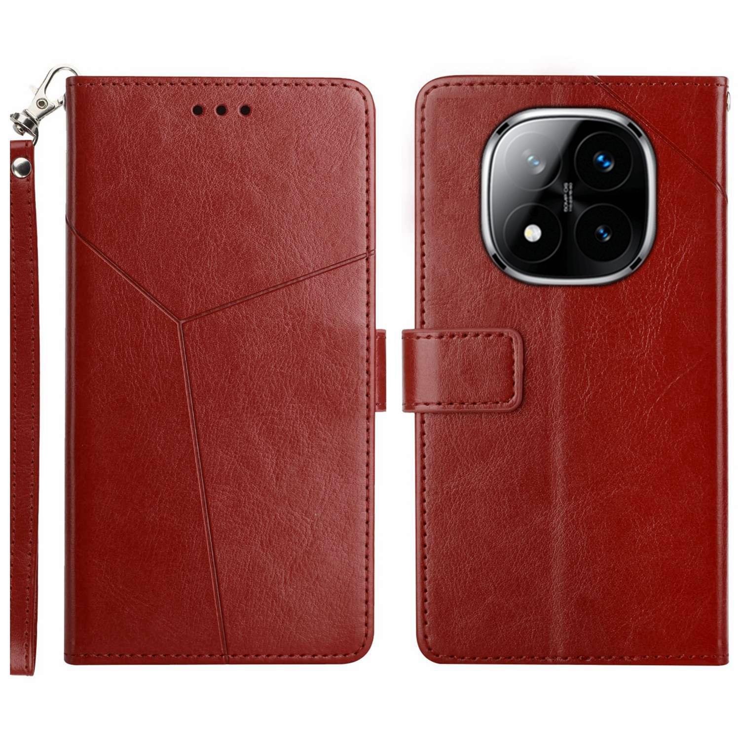

HT01 For Xiaomi Redmi Note 14 Pro+ 5G/Note 14 Pro 5G/Poco X7 5G Case Y-Shaped Lines Imprint Leather Phone Cover Brown