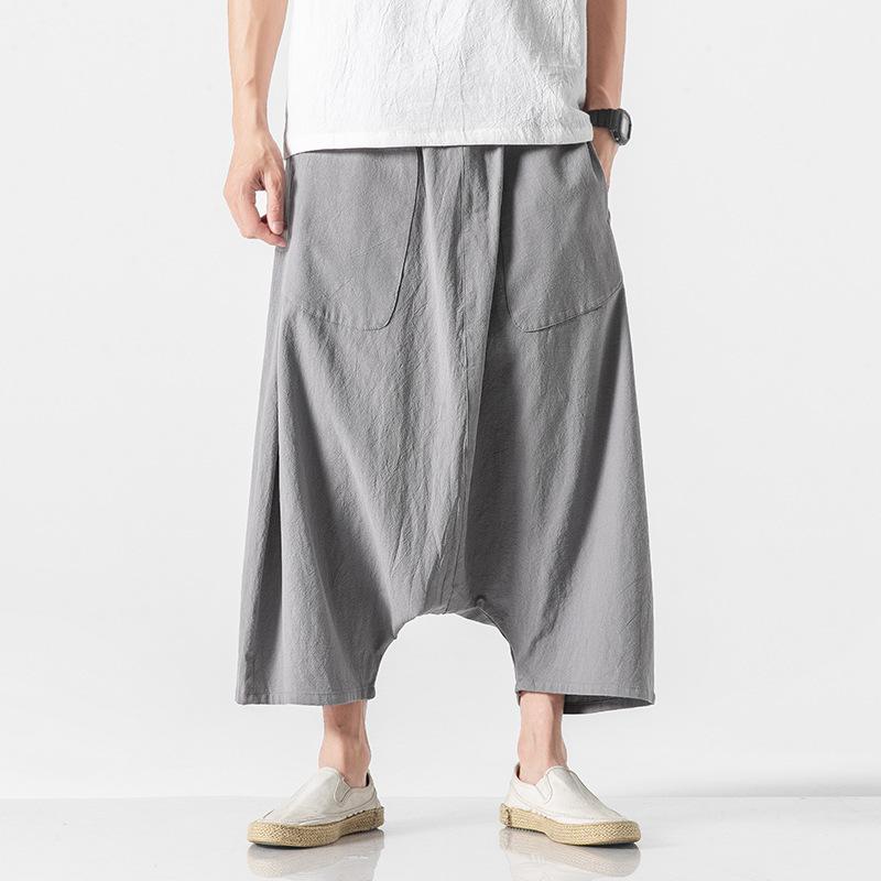 Lato Wiosna Męskie Duży Rozmiar Casualowe Spodnie Haremki Vintage Luźne Bawełniano-Lniane Spodnie z Szerokimi Nogawkami Męskie Spodnie z Elastycznym Pasem Pantalones Spodnie