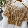Chic Vintage Hollow Out Sequin Backless Elegant Fashion Sexy Shirt High Street T Shirt Summer Women Blouse Women