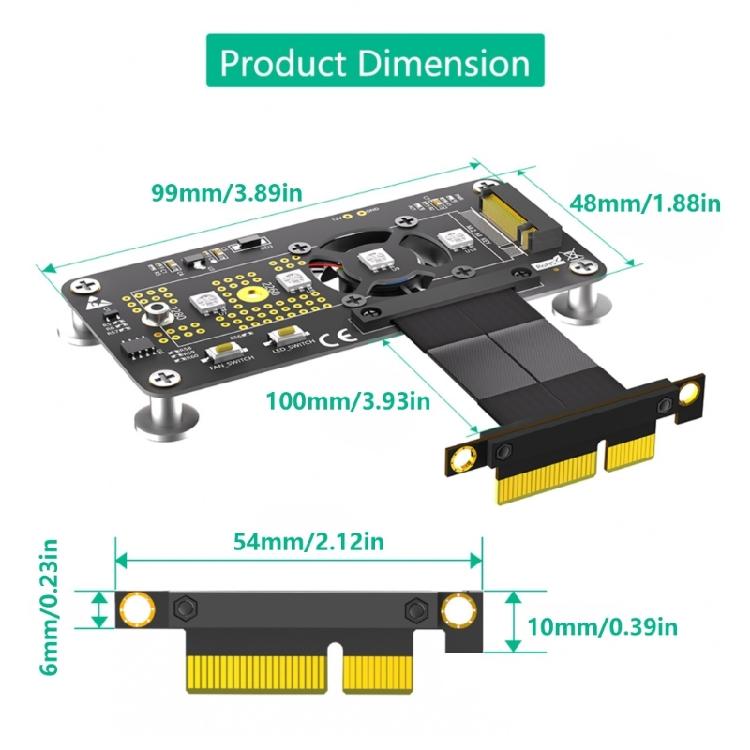 10CM Fast Speed M.2 NGFF NVME SSDs To PCIE 4X Extension Cable with Cooling Fan LED Magnetic Pad