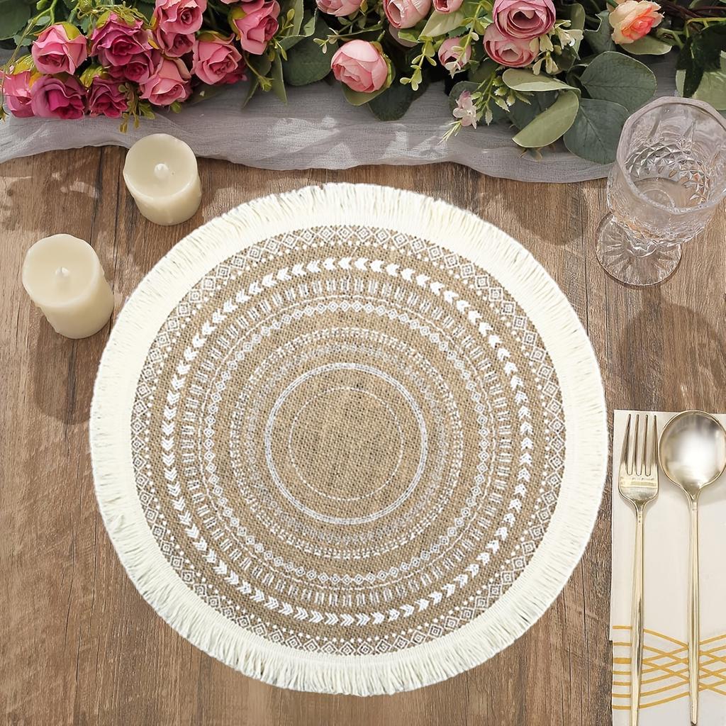 1pc Round Table Placemats with Tassels Bohemian Style Woven Round Tassel Table Restaurant Kitchen Table Decoration