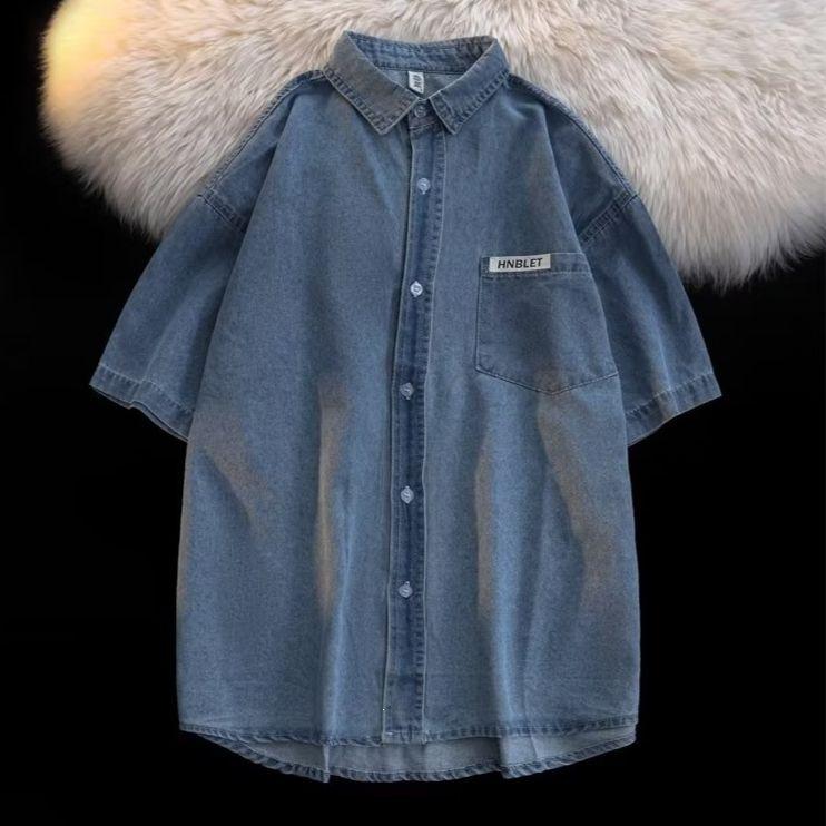 Summer short-sleeved denim shirt trendy solid color ruffian handsome Hong Kong style thin Japanese shirt casual jacket