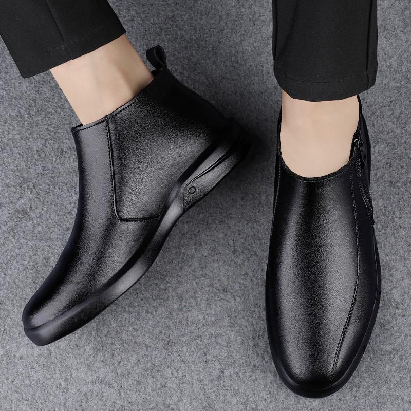 Mens Casual Leather Ankle Boots With Fleece Lining Warm Winter Side-Zip Pull-On Daily Wear