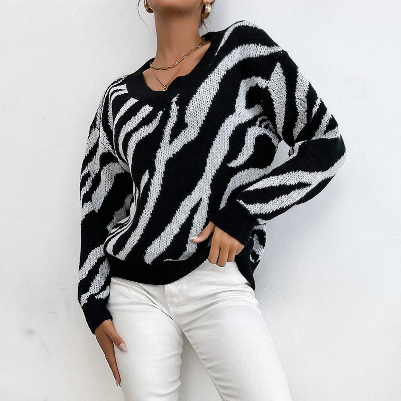 Women's Autumn/Winter 2025 Zebra Print Thick Knit Pullover Sweater - European & American Fashion
