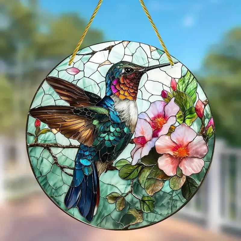 NEW Acrylic Painted Hummingbird Pendant Bird Floral Pattern Suncatcher Round Wreath Porch Window Outdoor Patio Hanging Ornaments