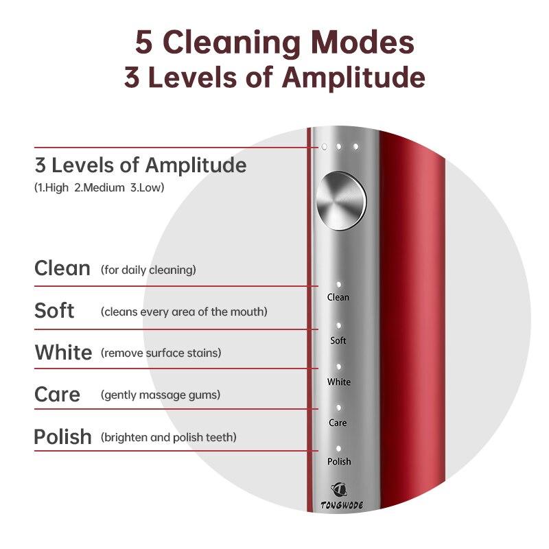 Periuță de dinți electrică cu ultrasunete Încărcare fără fir IPX7 Capete de înlocuire rezistente la apă Cronometru pentru albirea dinților Perie inteligentă