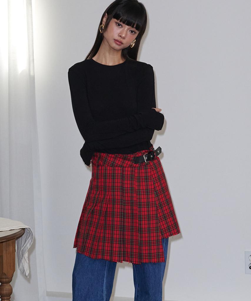 OPENING SUNSHINE Buckle Pleated Check Wrap Mini Skirt_Red