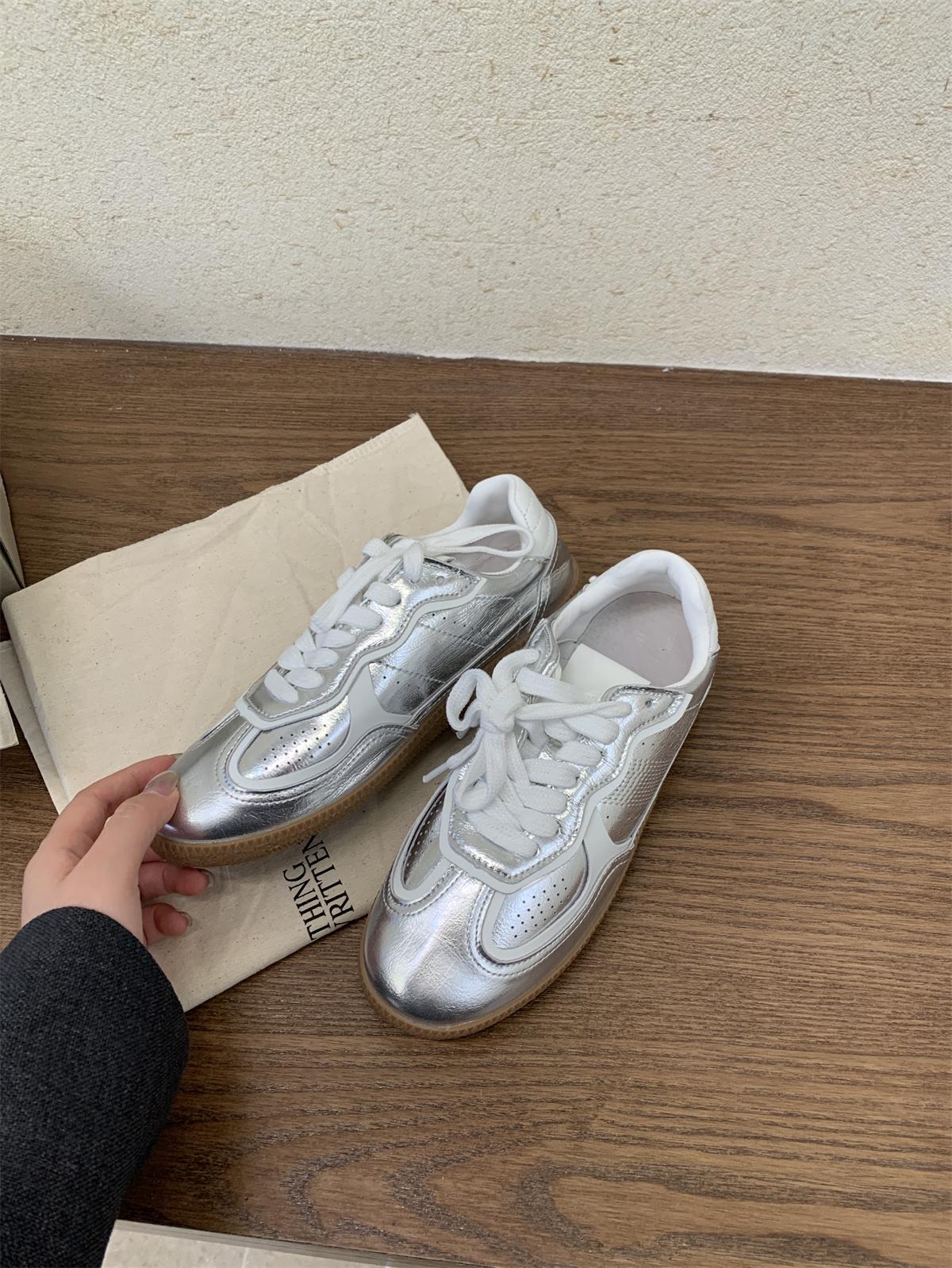 

Fashion Silver Women s Casual Sneakers Designer Training Shoes Patchwork Lace-up Sneakers Leather Flat Women s Shoes Zapatillas De Muje 39 серебряный