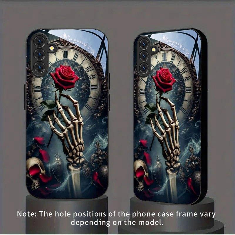 Skeleton Hand Holding Rose Pattern Tempered Glass Phone Case for Samsung Galaxy S26 S25 S24 S22 S21 S20 fe/plus/Ultra Anti Drop