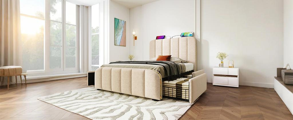 Upholstered Bed Single Bed, Headboard with Golden Stripes and USB Type-C Charging Function 90*200 cm, Beige Linen with 4 Drawers (Without Mattress)