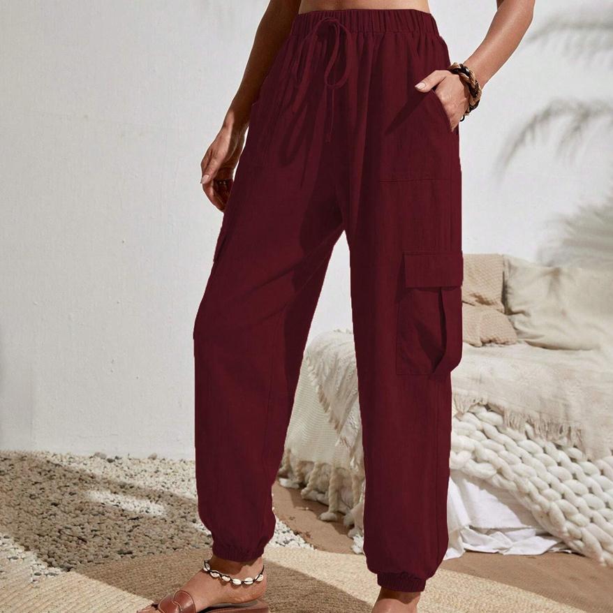 Spring and Summer Women's Fashion Elastic Band All-match Solid Color Pocket Casual Overalls Women's Pants